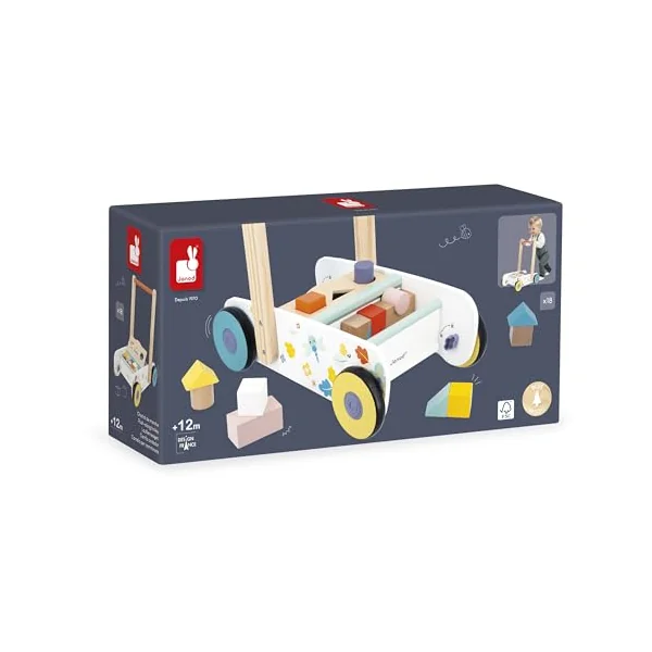 Janod - Wooden Baby and Child Walking Trolley From 12 months - 18 Wooden Pieces Included + Shape Sorting Box - Silent Wheels + Brake System - From 1 year