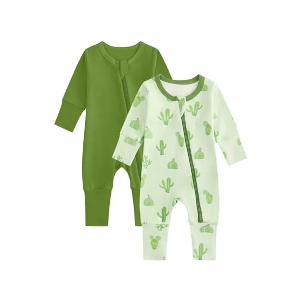 JiAmy 2 Pack Baby Sleepsuits Baby Grows Cotton Two-Way Zip Long Sleeve Footed Pajamas with Mitten Cuffs Newborn Clothes for Boys Girls 0-24 Months
