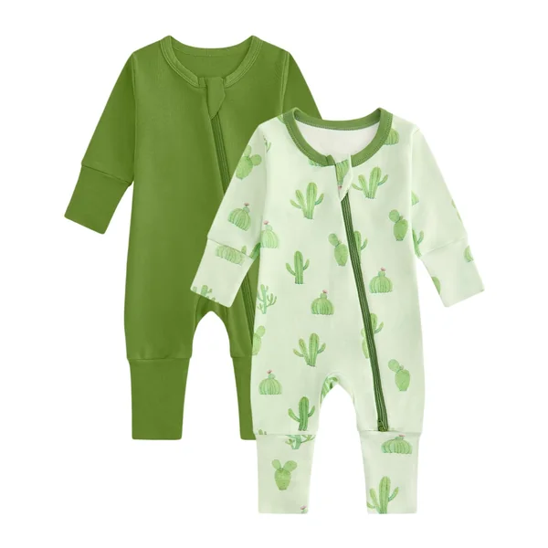 JiAmy 2 Pack Baby Sleepsuits Baby Grows Cotton Two-Way Zip Long Sleeve Footed Pajamas with Mitten Cuffs Newborn Clothes for Boys Girls 0-24 Months