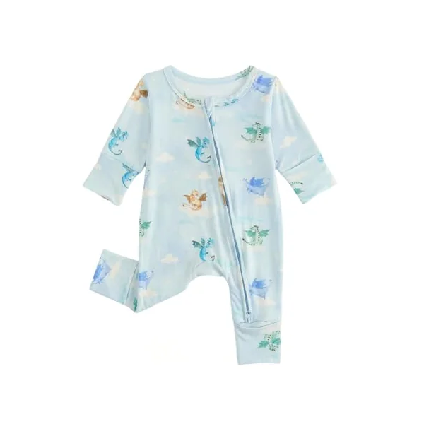 JiAmy Baby Boys Girls Bamboo Sleepsuits 1 Pack, 0–24 Months Zip-Up Babygrow with Fold-Over Mittens & Feet, Breathable Lightweight Sleepwear with Anti-Slip Soles