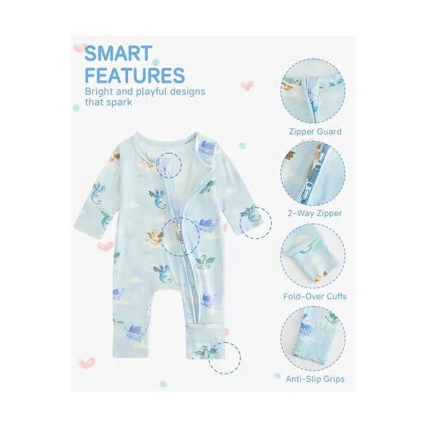 JiAmy Baby Boys Girls Bamboo Sleepsuits 1 Pack, 0–24 Months Zip-Up Babygrow with Fold-Over Mittens & Feet, Breathable Lightweight Sleepwear with Anti-Slip Soles