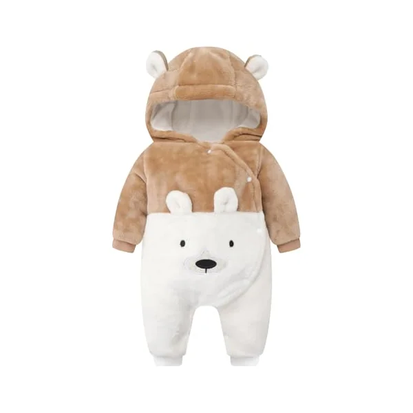 JiAmy Baby Snowsuit Newborn Flannel Bear Hooded Romper for 0-12 Months | Toddler Girls and Boys Fleece Warm Jumpsuit Infant Clothes Outfit