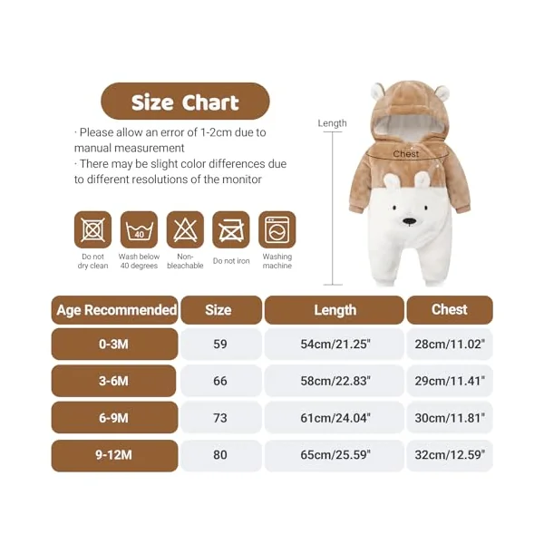 JiAmy Baby Snowsuit Newborn Flannel Bear Hooded Romper for 0-12 Months | Toddler Girls and Boys Fleece Warm Jumpsuit Infant Clothes Outfit