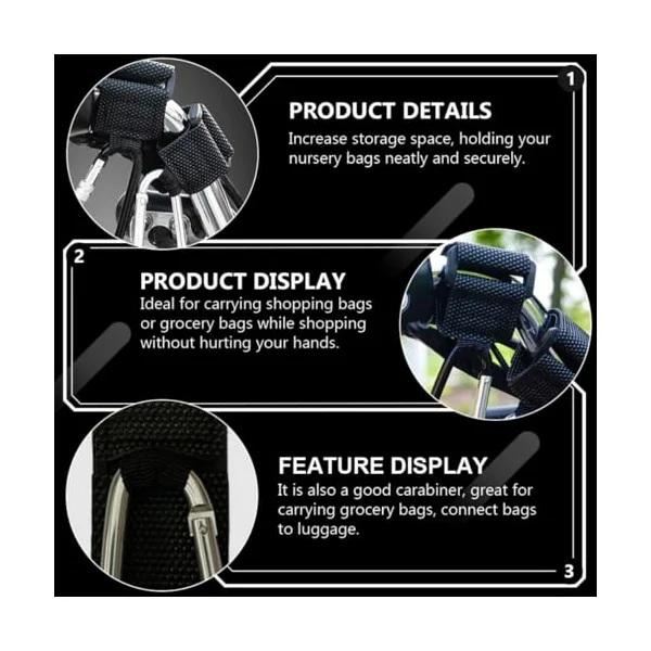 jojofuny 2pcs Stroller Hanger Hooks for Carrying Shopping Bags and Connecting Bags to Luggage, Silver Pu and Alloy Material, Suitable for Picnicking and Shopping Buggy Carabiner Design