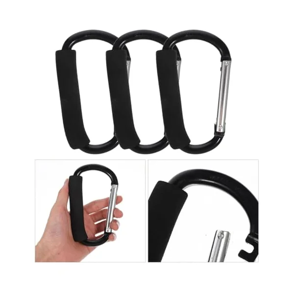 jojofuny 3pcs Portable Stroller Hooks for Walking Rollator and Bike, Made of Sturdy Aluminum Alloy with Strong Bearing Capacity, Easy to Install Black Stroller Clips for Shopping Bags