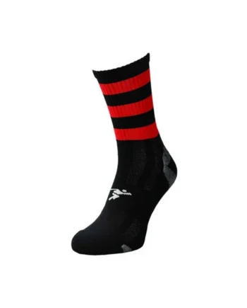 JUNIOR Size 12-2 Hooped Stripe Football Crew Socks BLACK/RED Training Ankle