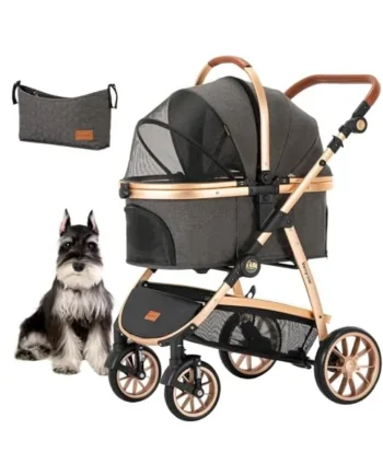 Kenyone Pet Stroller for Small Medium Dogs and Cats with Adjustable Handle, Storage Basket, Lightweight Foldable No Zipper, Load Capacity 60 lbs, Black