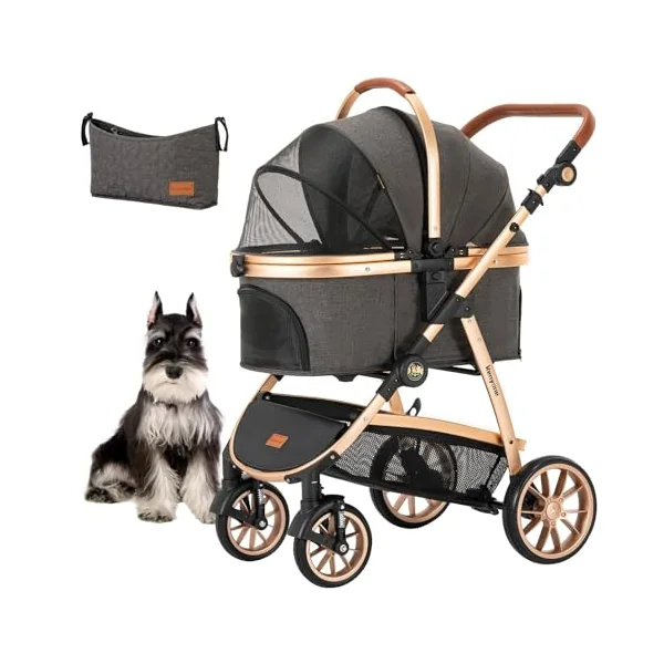 Kenyone Pet Stroller for Small Medium Dogs and Cats with Adjustable Handle, Storage Basket, Lightweight Foldable No Zipper, Load Capacity 60 lbs, Black