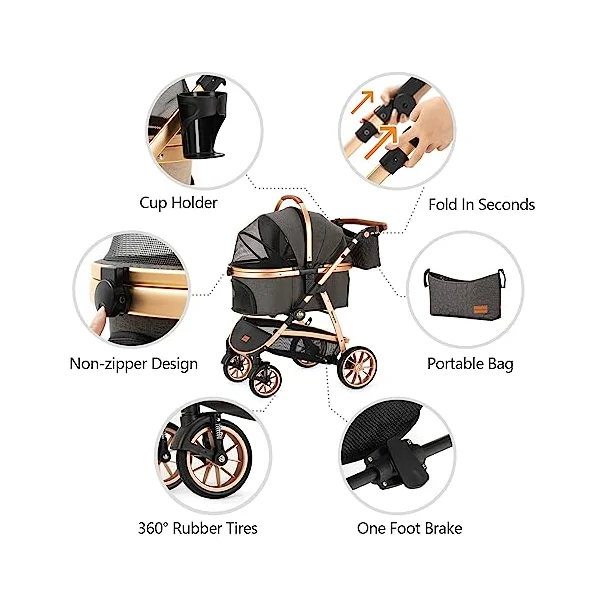 Kenyone Pet Stroller for Small Medium Dogs and Cats with Adjustable Handle, Storage Basket, Lightweight Foldable No Zipper, Load Capacity 60 lbs, Black