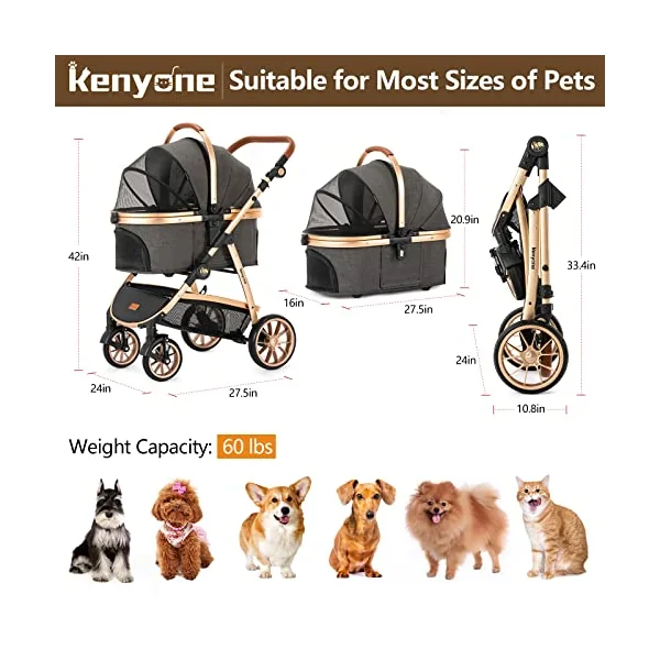 Kenyone Pet Stroller for Small Medium Dogs and Cats with Adjustable Handle, Storage Basket, Lightweight Foldable No Zipper, Load Capacity 60 lbs, Black
