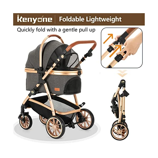 Kenyone Pet Stroller for Small Medium Dogs and Cats with Adjustable Handle, Storage Basket, Lightweight Foldable No Zipper, Load Capacity 60 lbs, Black