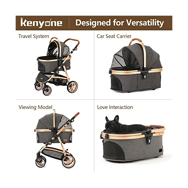 Kenyone Pet Stroller for Small Medium Dogs and Cats with Adjustable Handle, Storage Basket, Lightweight Foldable No Zipper, Load Capacity 60 lbs, Black