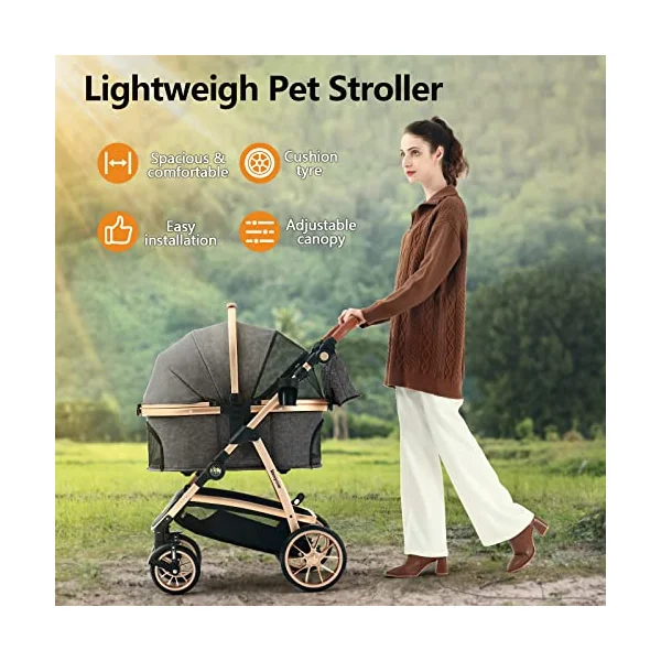 Kenyone Pet Stroller for Small Medium Dogs and Cats with Adjustable Handle, Storage Basket, Lightweight Foldable No Zipper, Load Capacity 60 lbs, Black