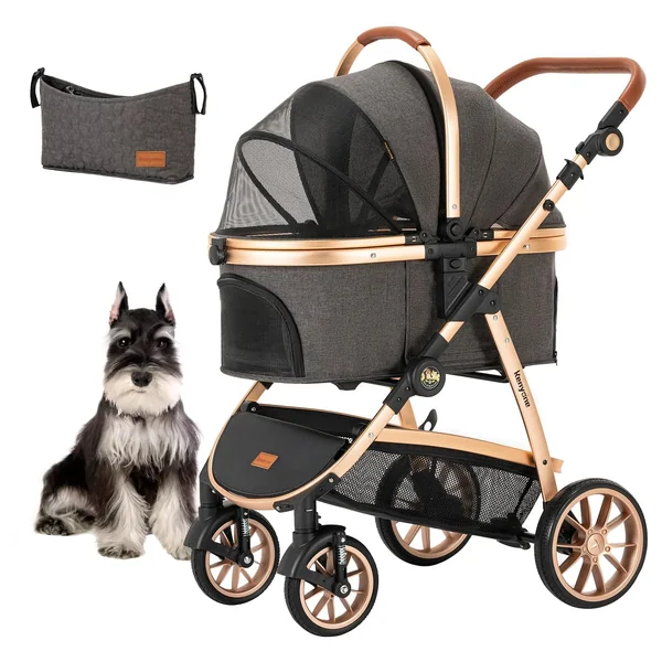 Kenyone Pet Stroller for Small Medium Dogs and Cats with Adjustable Handle, Storage Basket, Lightweight Foldable No Zipper, Load Capacity 60 lbs, Black