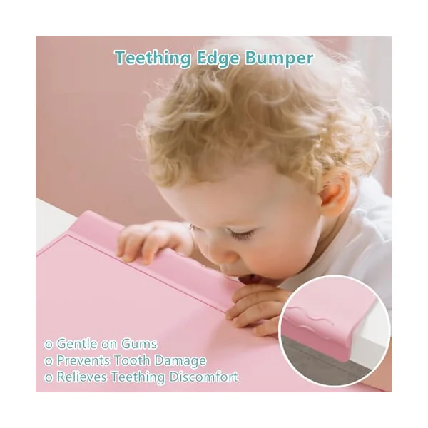 Kids Placemats, Silicone Placemats for Baby & Kids, Baby Place Mats with Teething Edge Bumper, Waterproof Dinning Table Mat, Dishwasher Safe (Pink, 12''×10'')