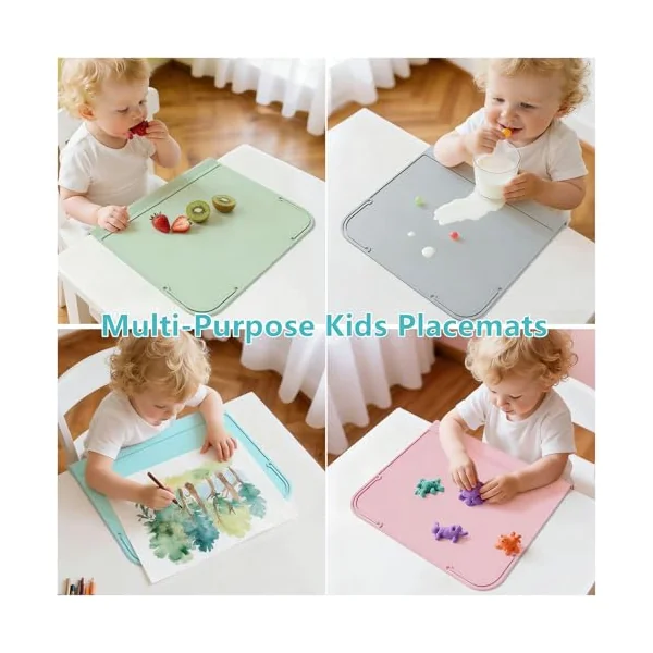 Kids Placemats, Silicone Placemats for Baby & Kids, Baby Place Mats with Teething Edge Bumper, Waterproof Dinning Table Mat, Dishwasher Safe (Pink, 12''×10'')