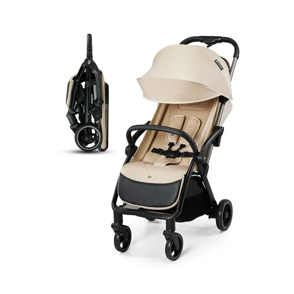 Kinderkraft APINO Lightweight Stroller, Beige | Up to 24 kg, Auto-Folding, 360° Swivel Wheels, Adjustable Backrest & Footrest, Large Canopy with Ventilation