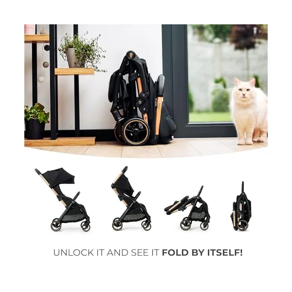 Kinderkraft APINO Lightweight Stroller, Beige | Up to 24 kg, Auto-Folding, 360° Swivel Wheels, Adjustable Backrest & Footrest, Large Canopy with Ventilation