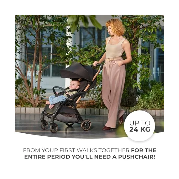Kinderkraft APINO Lightweight Stroller, Beige | Up to 24 kg, Auto-Folding, 360° Swivel Wheels, Adjustable Backrest & Footrest, Large Canopy with Ventilation