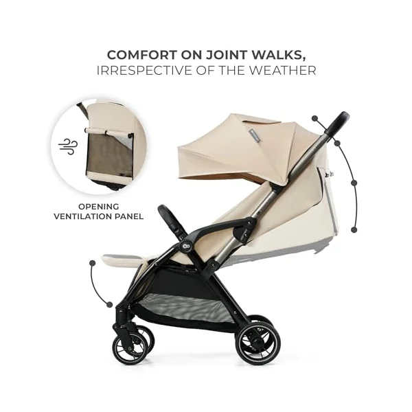 Kinderkraft APINO Lightweight Stroller, Beige | Up to 24 kg, Auto-Folding, 360° Swivel Wheels, Adjustable Backrest & Footrest, Large Canopy with Ventilation
