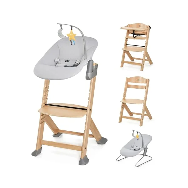 Kinderkraft ENOCK Wooden Highchair + Baby Bouncer CALMEE, Multifunctional Baby Chair, Ajustable Heigh and Footrest, Safety Harness, with Detachable Tray, for Children up to 10 Years