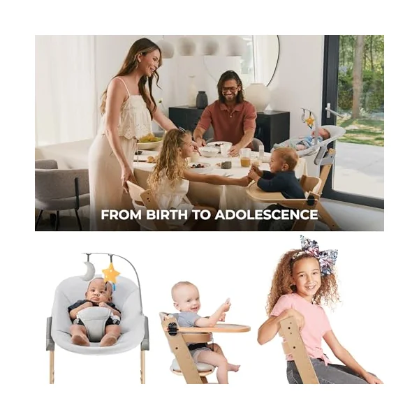 Kinderkraft ENOCK Wooden Highchair + Baby Bouncer CALMEE, Multifunctional Baby Chair, Ajustable Heigh and Footrest, Safety Harness, with Detachable Tray, for Children up to 10 Years