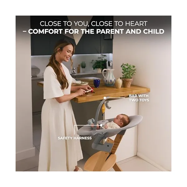 Kinderkraft ENOCK Wooden Highchair + Baby Bouncer CALMEE, Multifunctional Baby Chair, Ajustable Heigh and Footrest, Safety Harness, with Detachable Tray, for Children up to 10 Years