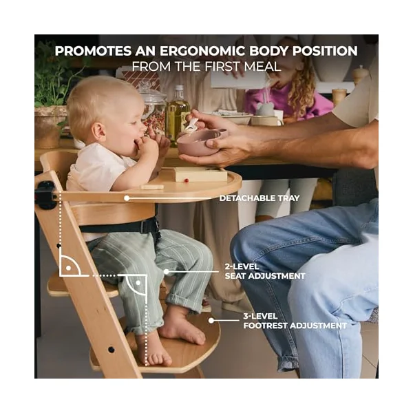 Kinderkraft ENOCK Wooden Highchair + Baby Bouncer CALMEE, Multifunctional Baby Chair, Ajustable Heigh and Footrest, Safety Harness, with Detachable Tray, for Children up to 10 Years