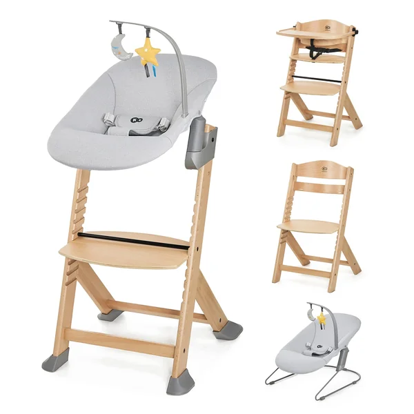 Kinderkraft ENOCK Wooden Highchair + Baby Bouncer CALMEE, Multifunctional Baby Chair, Ajustable Heigh and Footrest, Safety Harness, with Detachable Tray, for Children up to 10 Years