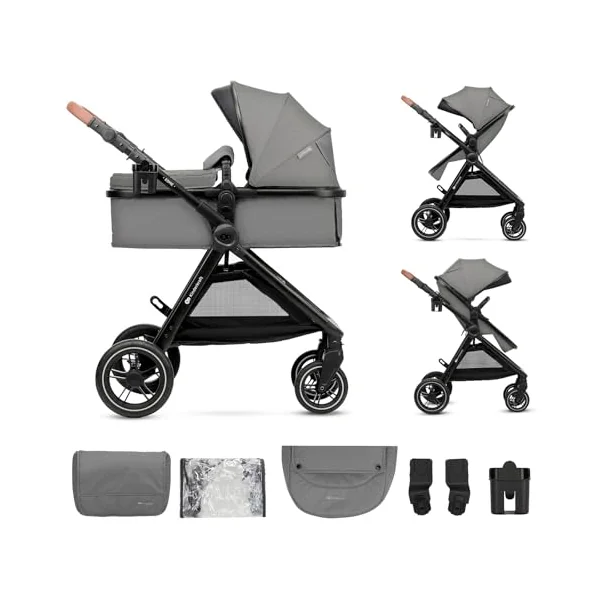 Kinderkraft ESME 2-in-1 Stroller up to 25kg, carrycot converts to Pushchair in 3 Moves, Travel System adapters Included, Puncture-Proof Sprung Wheels, Folds Compact, Accessories Set, Grey