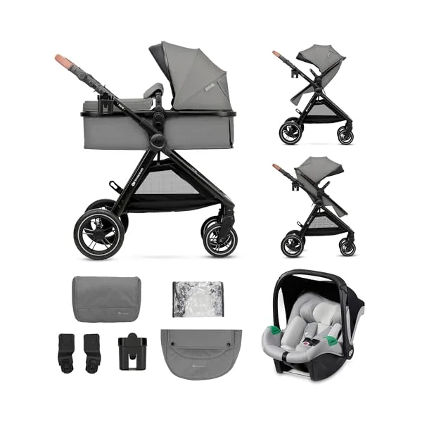 Kinderkraft ESME 3-in-1 Car Seat with Mink PRO I-Size Baby Carrier, Travel System, Baby Stroller, Foldable Stroller, Newborn Up to 4 Years, Grey