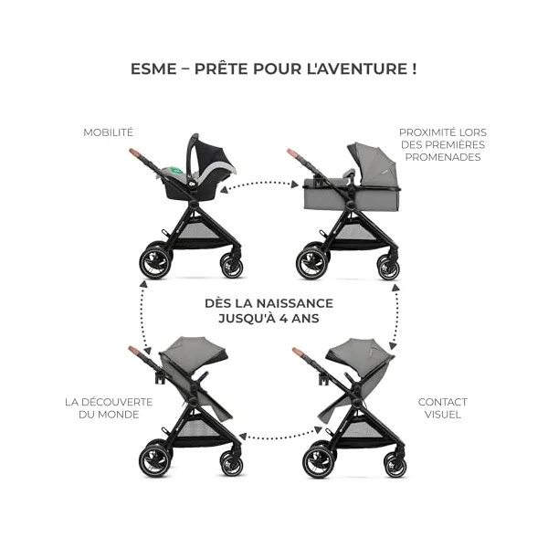 Kinderkraft ESME 3-in-1 Car Seat with Mink PRO I-Size Baby Carrier, Travel System, Baby Stroller, Foldable Stroller, Newborn Up to 4 Years, Grey
