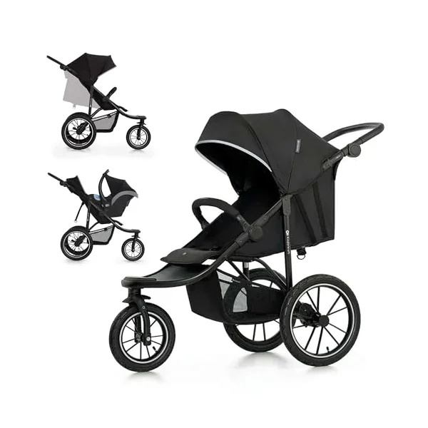 Kinderkraft HELSI 2 Buggy up to 22 kg, Buggy from Birth, Running Pram with Large Pneumatic Tyres, Reclining Function, Adjustable Parent Handle, Folding, Underseat Basket, Black