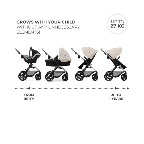 Kinderkraft MOOV2 3-in-1 Baby Stroller, EVA, Mink PRO I-Size, Travel System, Baby Stroller, Pushchair, Foldable, for Newborn, from Birth to 3 Years, Grey