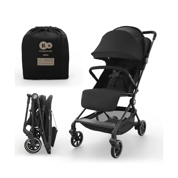 Kinderkraft NEBO Cabin Stroller Ultralight, one-Hand fold, self-Standing When Folded, Cabin-Size 51×43×21 cm, Shoulder Strap + Travel Bag, Lie-Flat Recline, 5-Point Safety Harness, Black