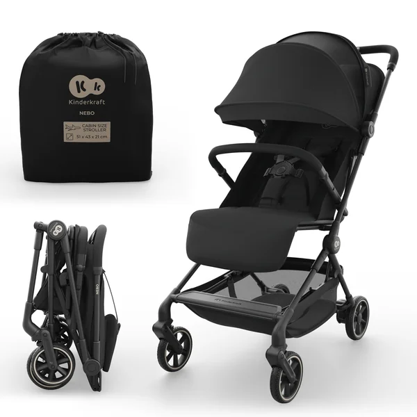 Kinderkraft NEBO Cabin Stroller Ultralight, one-Hand fold, self-Standing When Folded, Cabin-Size 51×43×21 cm, Shoulder Strap + Travel Bag, Lie-Flat Recline, 5-Point Safety Harness, Black