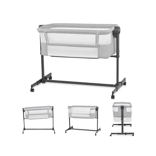 Kinderkraft Neste UP 2 Bedside Crib, Travel Cot, Co-Sleeping Bed, Ajustable Height, Foldable Side Wall, Transport Wheels, with Accessories, Cotton Sheet, for Newborn, 0-9 kg, up to 6 Month, Gray