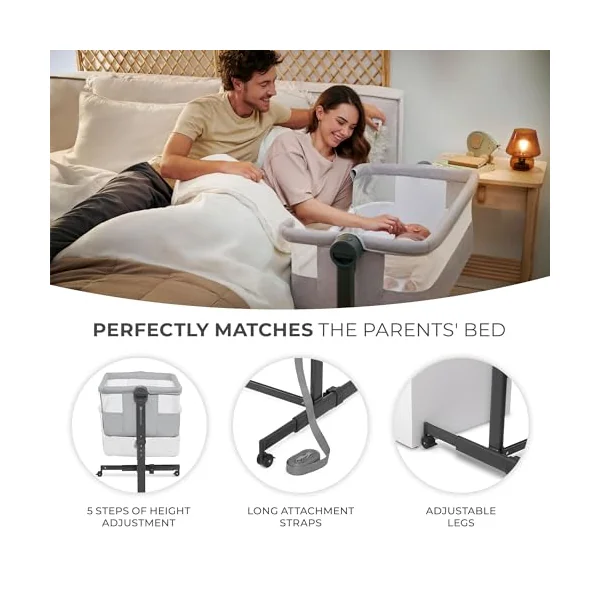 Kinderkraft Neste UP 2 Bedside Crib, Travel Cot, Co-Sleeping Bed, Ajustable Height, Foldable Side Wall, Transport Wheels, with Accessories, Cotton Sheet, for Newborn, 0-9 kg, up to 6 Month, Gray