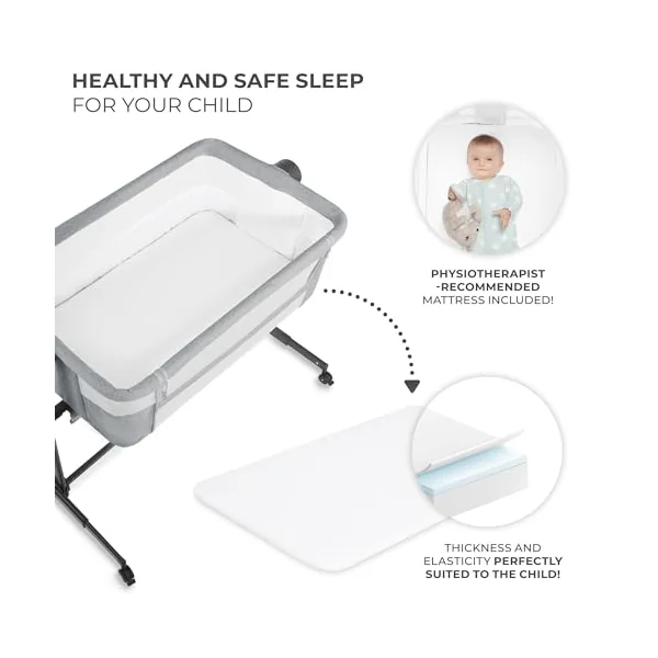 Kinderkraft Neste UP 2 Bedside Crib, Travel Cot, Co-Sleeping Bed, Ajustable Height, Foldable Side Wall, Transport Wheels, with Accessories, Cotton Sheet, for Newborn, 0-9 kg, up to 6 Month, Gray