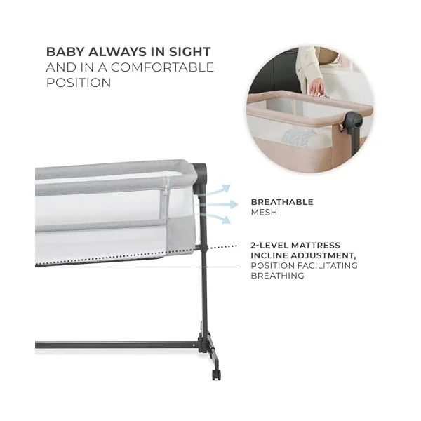 Kinderkraft Neste UP 2 Bedside Crib, Travel Cot, Co-Sleeping Bed, Ajustable Height, Foldable Side Wall, Transport Wheels, with Accessories, Cotton Sheet, for Newborn, 0-9 kg, up to 6 Month, Gray