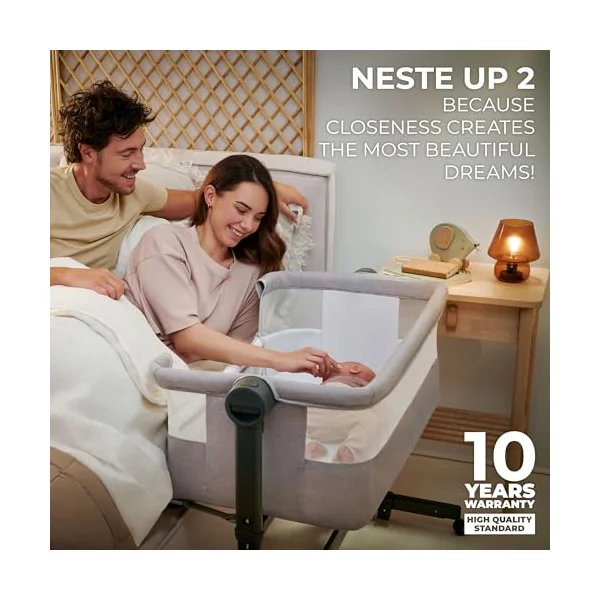 Kinderkraft Neste UP 2 Bedside Crib, Travel Cot, Co-Sleeping Bed, Ajustable Height, Foldable Side Wall, Transport Wheels, with Accessories, Cotton Sheet, for Newborn, 0-9 kg, up to 6 Month, Gray