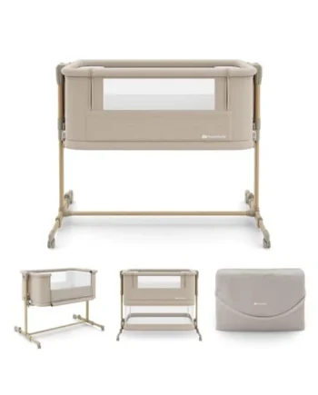 Kinderkraft NESTEE GROW 2 3 in 1 bedside crib, baby cot, toddler bed, 5 height levels, mattress included, telescopic legs, lockable wheels, foldable, with carry bag, Beige