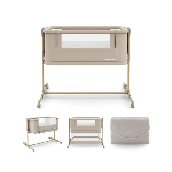 Kinderkraft NESTEE GROW 2 3 in 1 bedside crib, baby cot, toddler bed, 5 height levels, mattress included, telescopic legs, lockable wheels, foldable, with carry bag, Beige