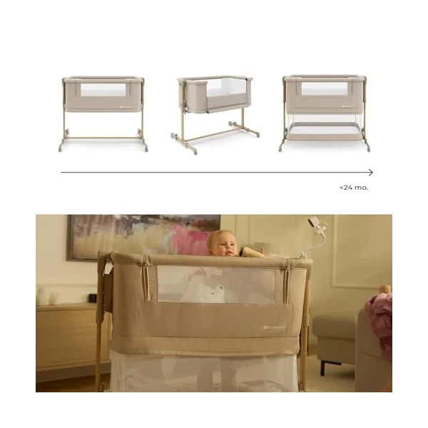 Kinderkraft NESTEE GROW 2 3 in 1 bedside crib, baby cot, toddler bed, 5 height levels, mattress included, telescopic legs, lockable wheels, foldable, with carry bag, Beige
