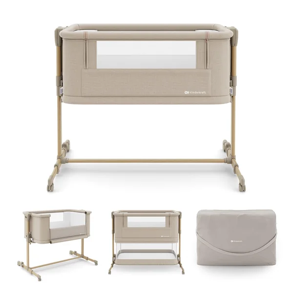 Kinderkraft NESTEE GROW 2 3 in 1 bedside crib, baby cot, toddler bed, 5 height levels, mattress included, telescopic legs, lockable wheels, foldable, with carry bag, Beige