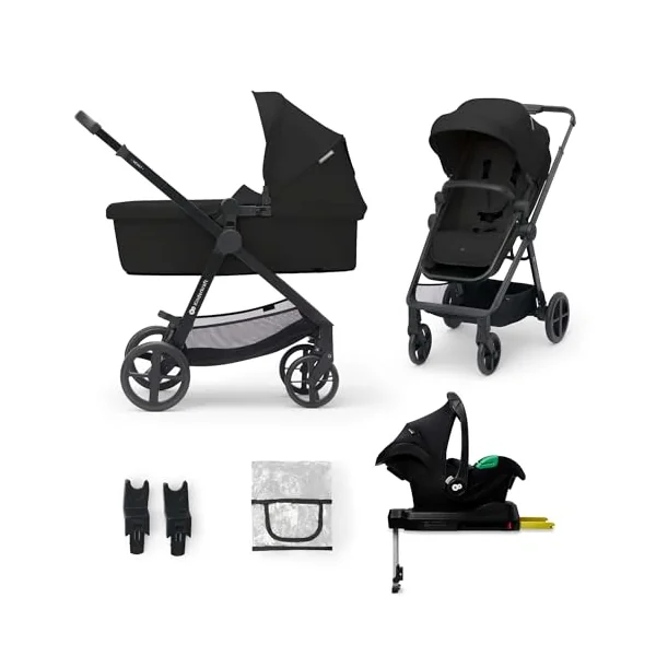 Kinderkraft Newly 4 in 1, Stroller, Pushchair, Travel System, Pram, Newborn Baby, Large Hood, Accessories, Easy Folding, Included Car Seat with ISOFIX Base, from Birth up to 22 kg, Black