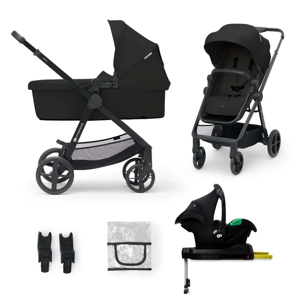 Kinderkraft Newly 4 in 1, Stroller, Pushchair, Travel System, Pram, Newborn Baby, Large Hood, Accessories, Easy Folding, Included Car Seat with ISOFIX Base, from Birth up to 22 kg, Black