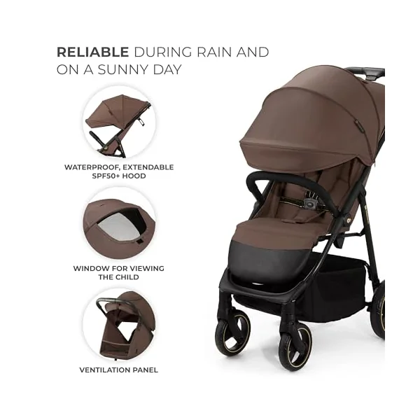 Kinderkraft Trig 3 Lightweight Stroller, Baby Pushchair, Easy Folding with One Hand, All Wheels Suspension, Ajustable Hood 5-Point Safety Harness, from Birth up to 25kg, Brown
