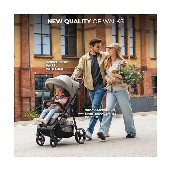 Kinderkraft Trig 3 Lightweight Stroller, Baby Pushchair, Easy Folding with One Hand, All Wheels Suspension, Ajustable Hood 5-Point Safety Harness, from Birth up to 25kg, Brown
