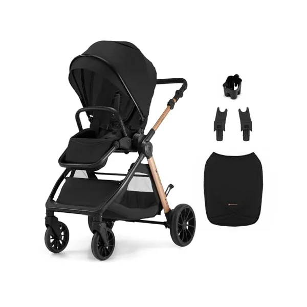 Kinderkraft VESTO 2 Stroller, Pushchair up to 22 kg, Dual-Facing Seat, One-Hand Memory Buttons, Self-Standing Fold, All-Wheel Suspension, Treaded 8” and 11” Wheels, Footmuff, Cup Holder, Black